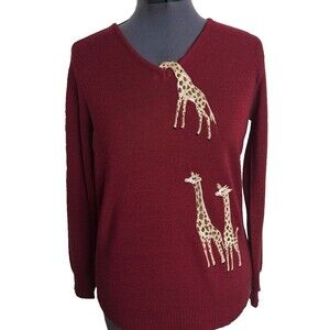 VTG Cyn Les Sweater Giraffes Shirlee Designs Womens Medium Embroidered Burgundy